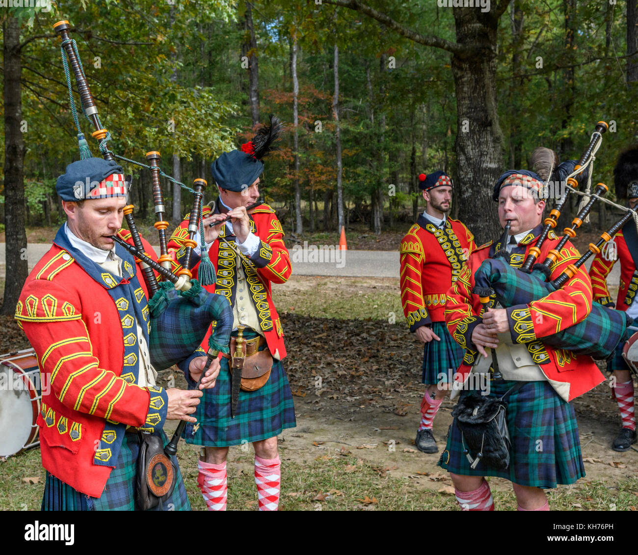 Reenactment actors portraying the 42nd Highlanders Regiment, Black Watch, of the 1700's, drum and pipes. Stock Photo