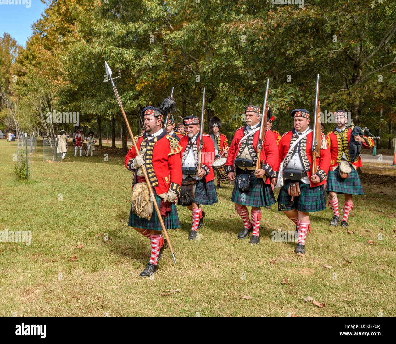 Reenactment actors portraying the 42nd Highlanders Regiment, Black Watch, of the 1700's, drum and pipes. Stock Photo