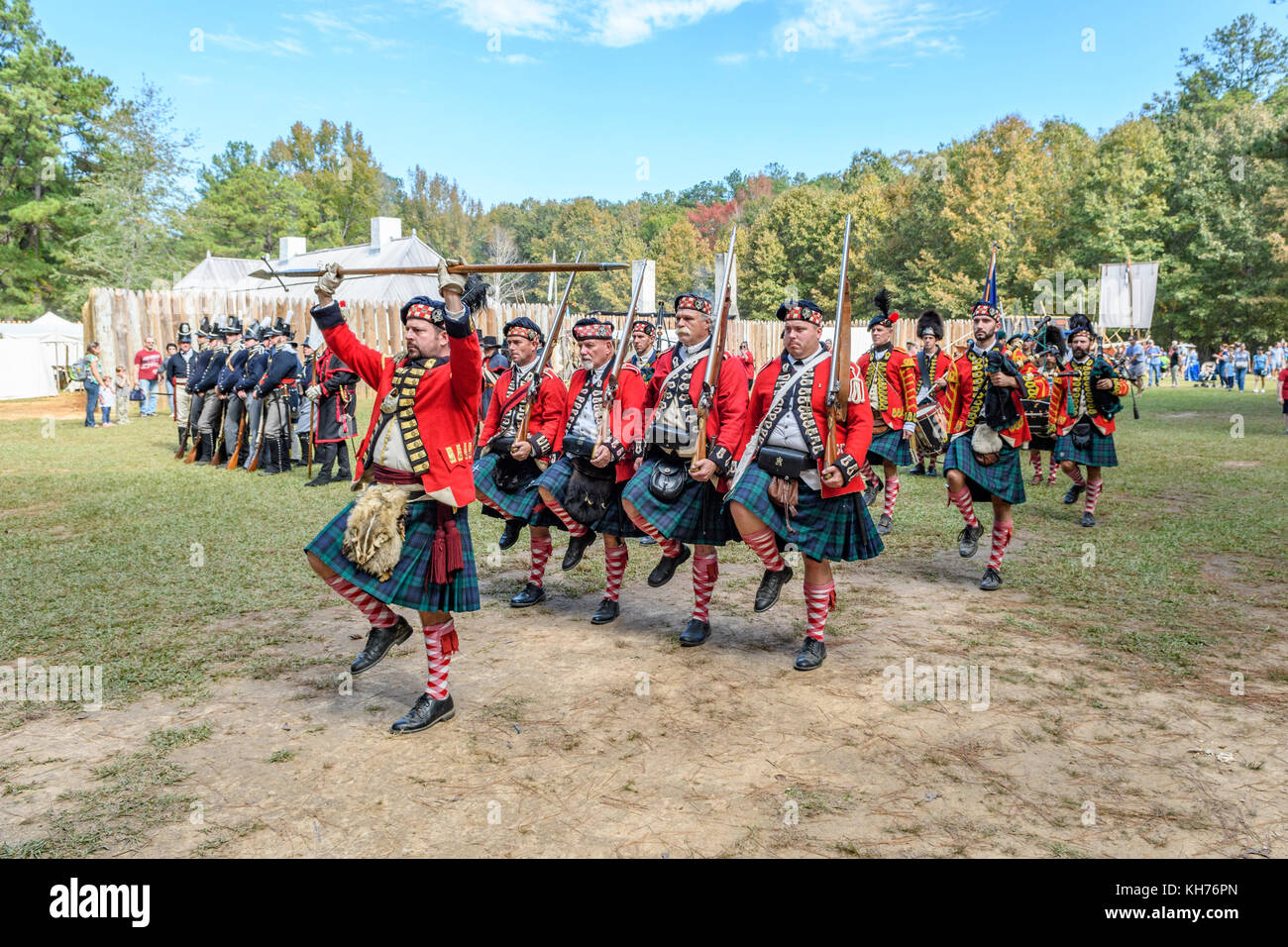 Reenactment actors portraying the 42nd Highlanders Regiment, Black Watch, of the 1700's, drum and pipes. Stock Photo