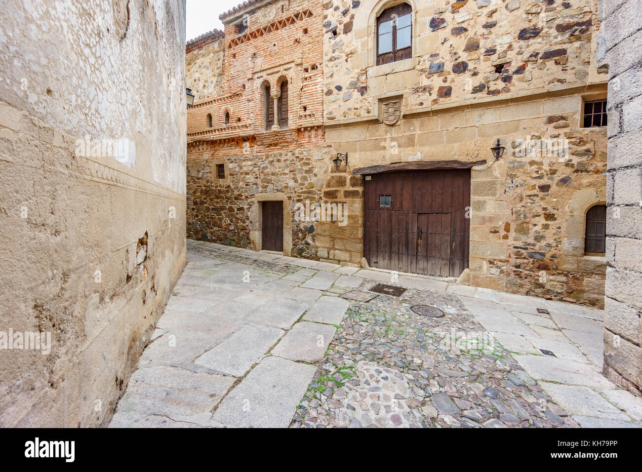 Small streets and large historical buildings in Caceres Stock Photo