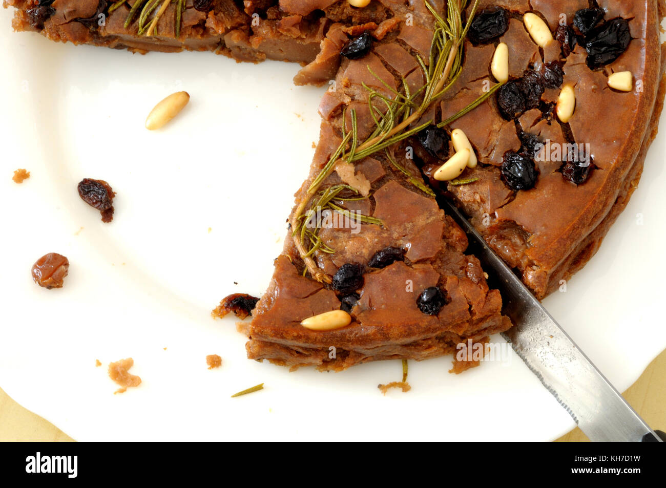 castagnaccio, made with chesnut flour, pinenuts, raisins, rosemary and olive oil, typical in tuscany Stock Photo