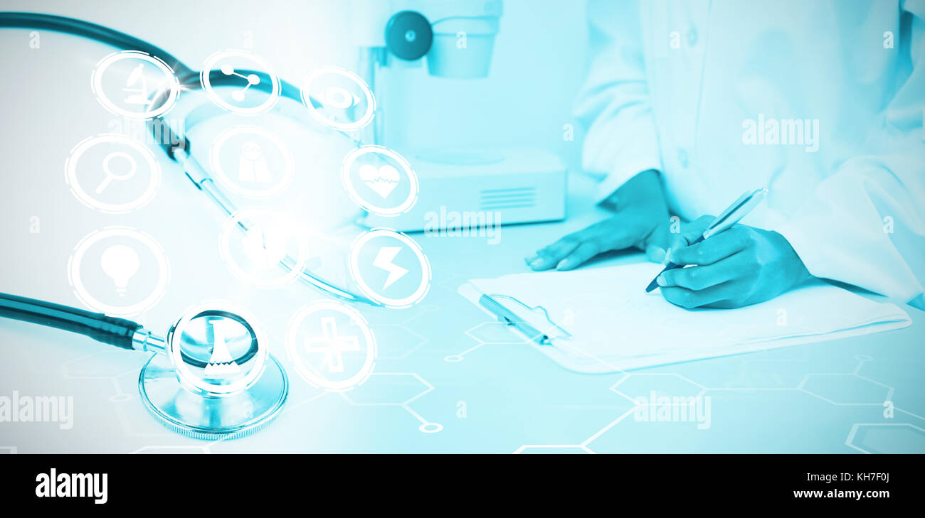 Medical icons set against metal black stethoscope Stock Photo