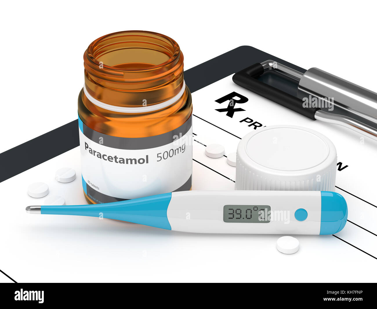 3d rendering of paracetamol pills lying with thermometer on rx and ...