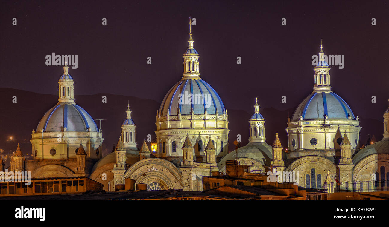 Domes of New Cathedral in Cuenca, Ecuador at night Stock Photo