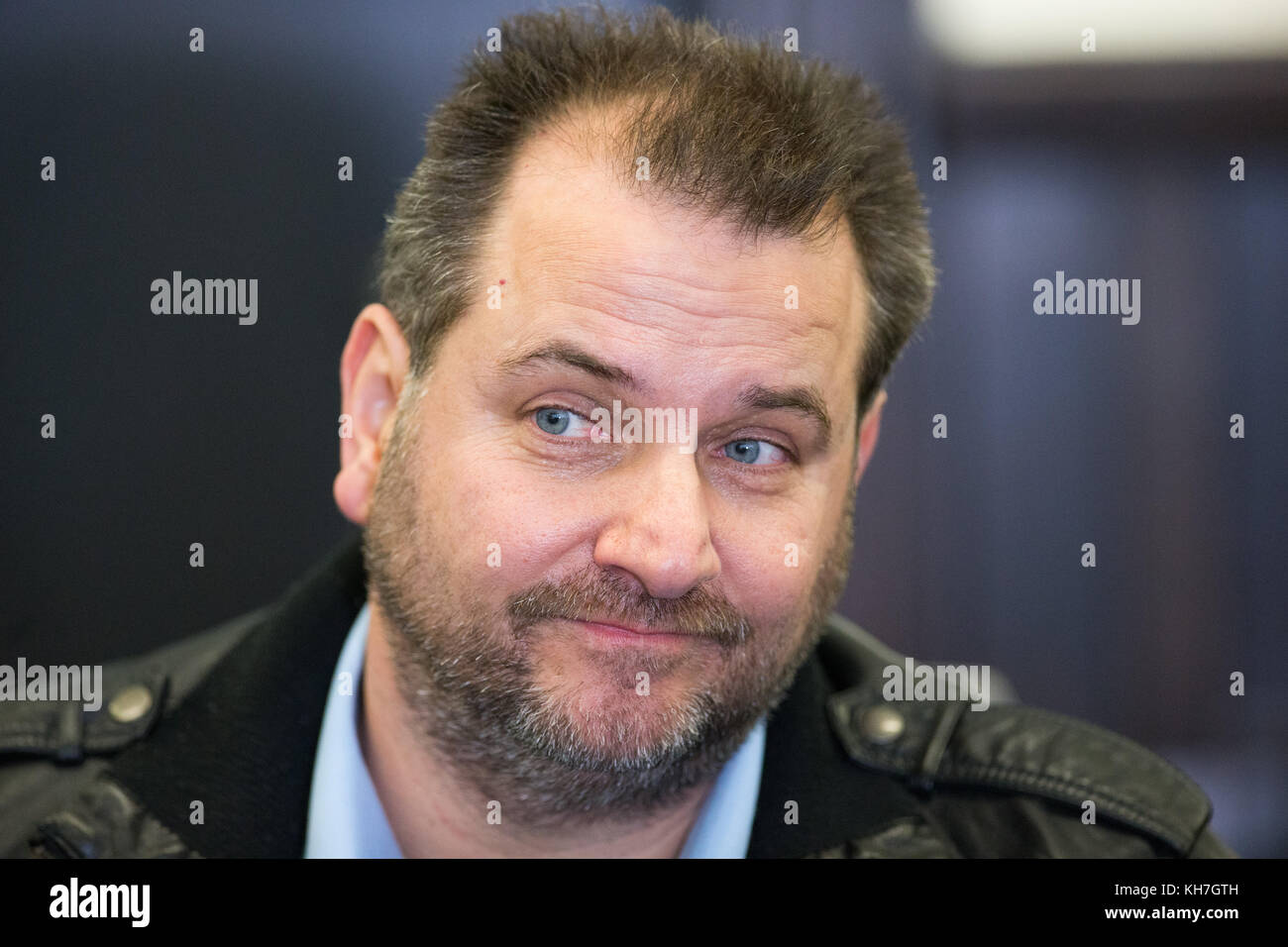 The accused Wilfried W. sits in the jury court room in the county court in Paderborn, Germany, 14 November 2017. The county jury is going to continue the trial after the psychiatric evaluation of the so called horror house of Hoexter. The accused had allegedly locked up women over years and severely abused of them over a period of years in a house in Ostwestfalen. Two women died subsequently to the tortures. Photo: Friso Gentsch/dpa Stock Photo