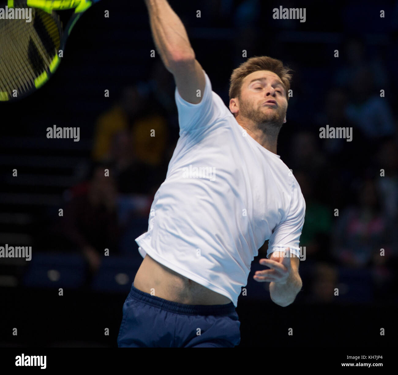 O2, London, UK. 14 November, 2017. Day 3 of the Nitto ATP Finals, evening doubles match, Pierre-Hugues Herbert (FRA) and Nicolas Mahut (FRA) vs Ryan Harrison (USA) and Michael Venus (NZL). Credit: Malcolm Park/Alamy Live News. Stock Photo
