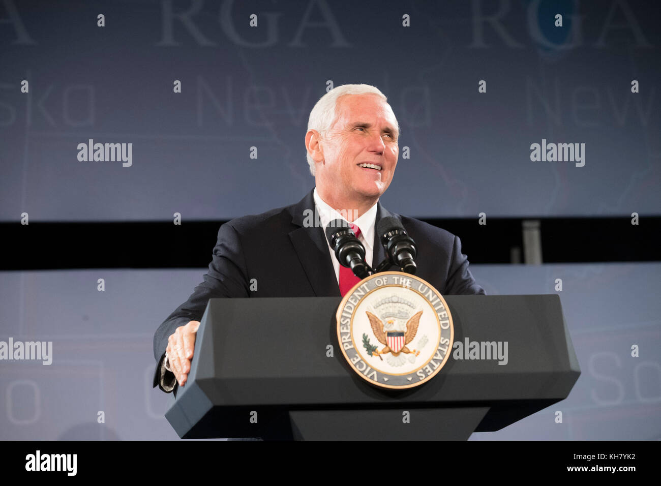 Austin, Texas USA Nov. 15, 2017: Vice President Mike Pence speaks at the Republican Governors Assn. (RGA) annual meeting, urging the USA governors to support President Donald Trump's tax reform agenda. Pence also got an update on hurricane recovery efforts. Credit: Bob Daemmrich/Alamy Live News Stock Photo