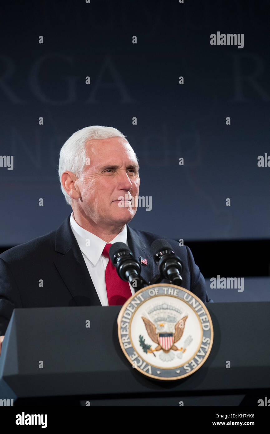 Austin, Texas USA Nov. 15, 2017: Vice President Mike Pence speaks at the Republican Governors Assn. (RGA) annual meeting, urging the USA governors to support President Donald Trump's tax reform agenda. Pence also got an update on hurricane recovery efforts. Credit: Bob Daemmrich/Alamy Live News Stock Photo