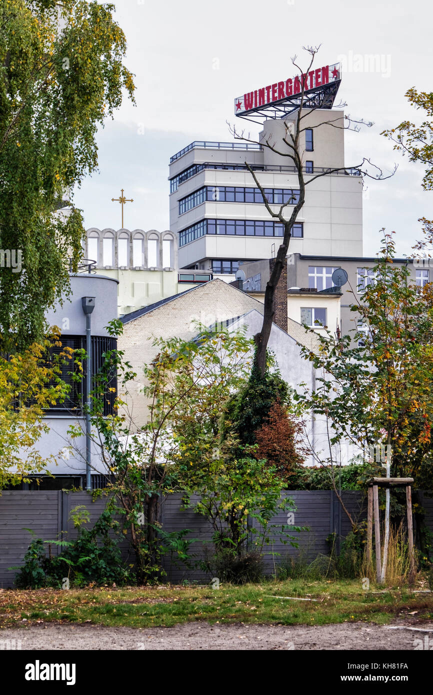 Berlin, Mitte,Tiergarten. Buildings,Roof of Syriac Orthodox church and Wintergarten sign Stock Photo
