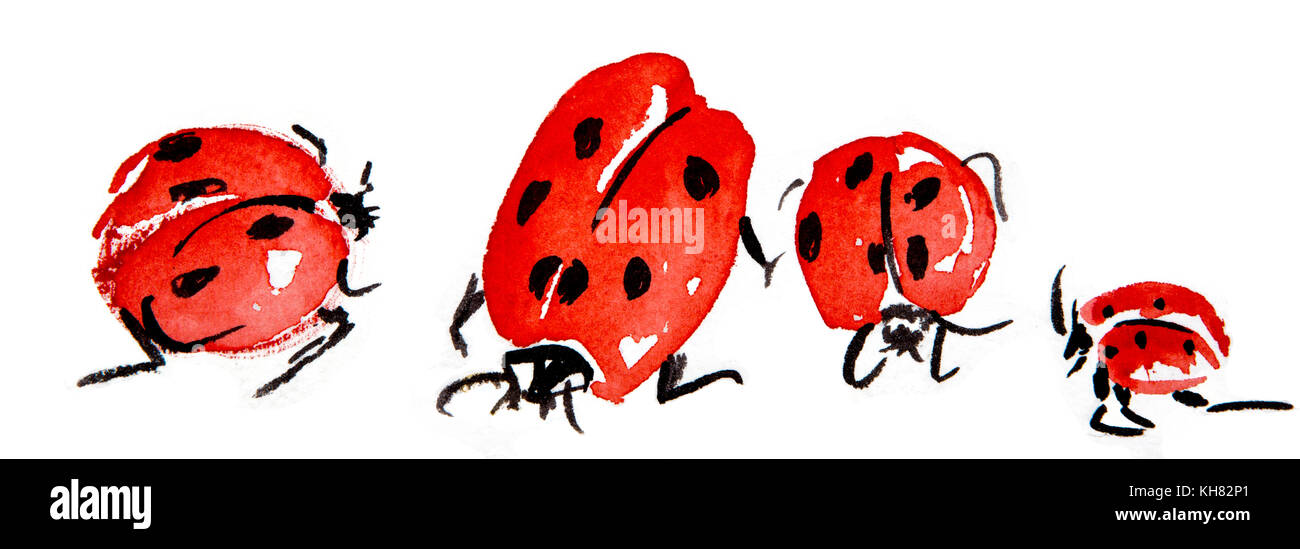 Four ladybirds (ladybugs) closeup separated from each other by white space - watercolour style painting Stock Photo
