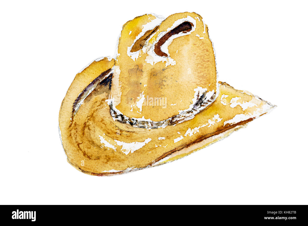 Western cowboy hat with a cattleman crease style on a pure white background - watercolour painting Stock Photo