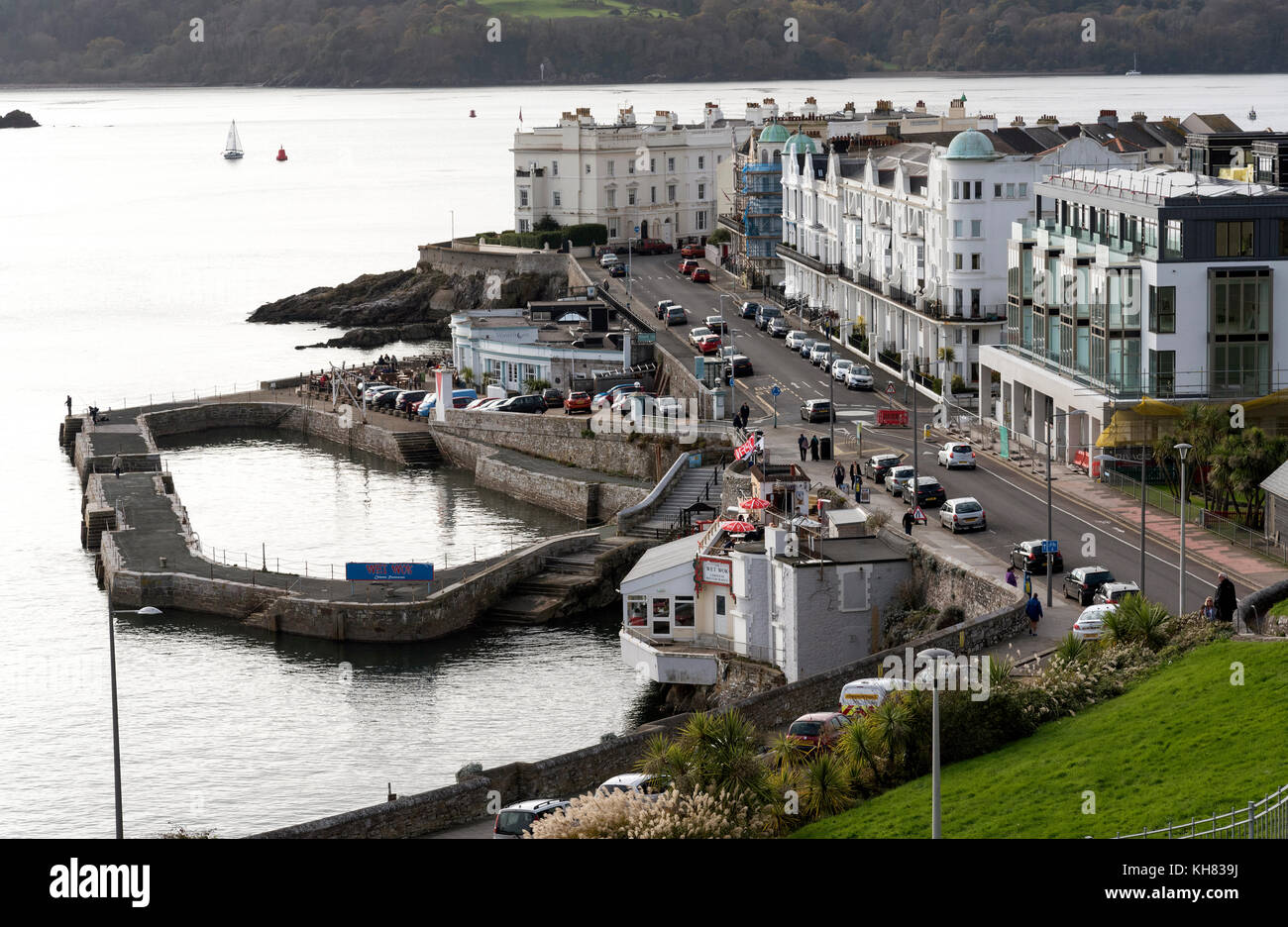 West Hoe, Plymouth, Devon, England, UK. November 2017. An overview of the west Hoe pier, housing and commercial premises on the waterfront Stock Photo