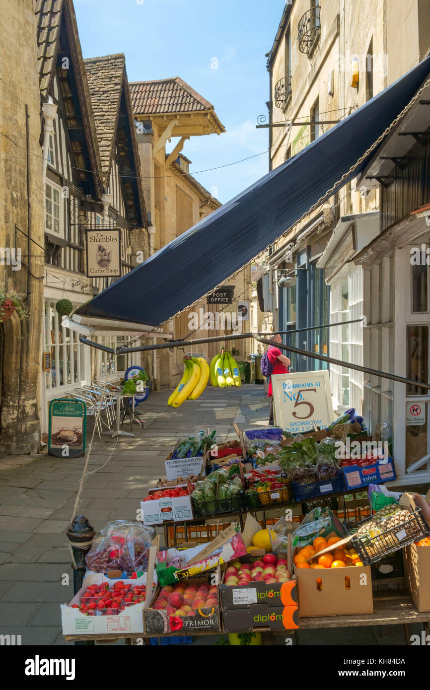 Small local shops on the quaint narrow streets on a sunny spring day in Bradford on Avon, Wiltshire, UK Stock Photo