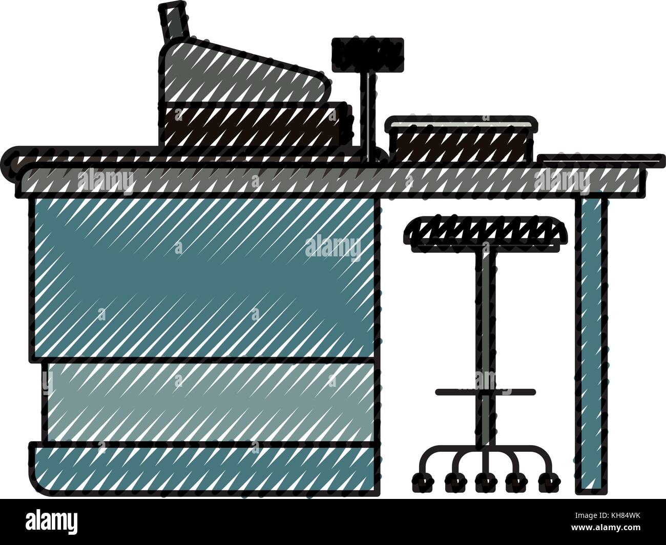 Paypoint Drawing supermarket paypoint with cash register in colored crayon silhouette ...