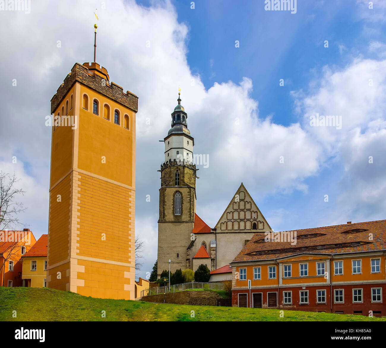 The Roter Turm (Red Tower) and Protestant Church St. Marien, Kamenz, Saxony, Germany. Stock Photo