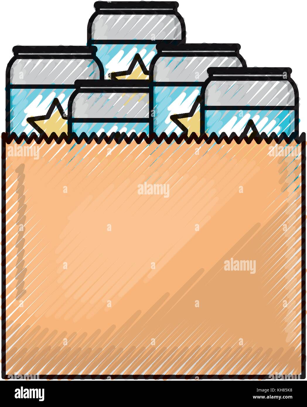 paper bag with canned beers in colored crayon silhouette Stock Vector