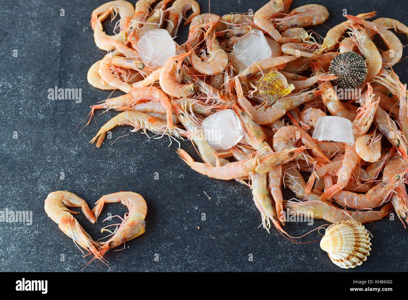 Raw local shrimps with ice cubes on a grey abstract background. Stock Photo