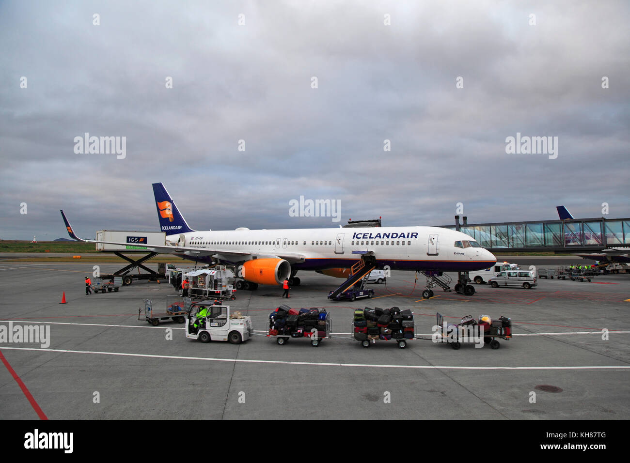 Iceland, Sudurnes,  Keflavik Airport . Icelandair aircraft. Stock Photo