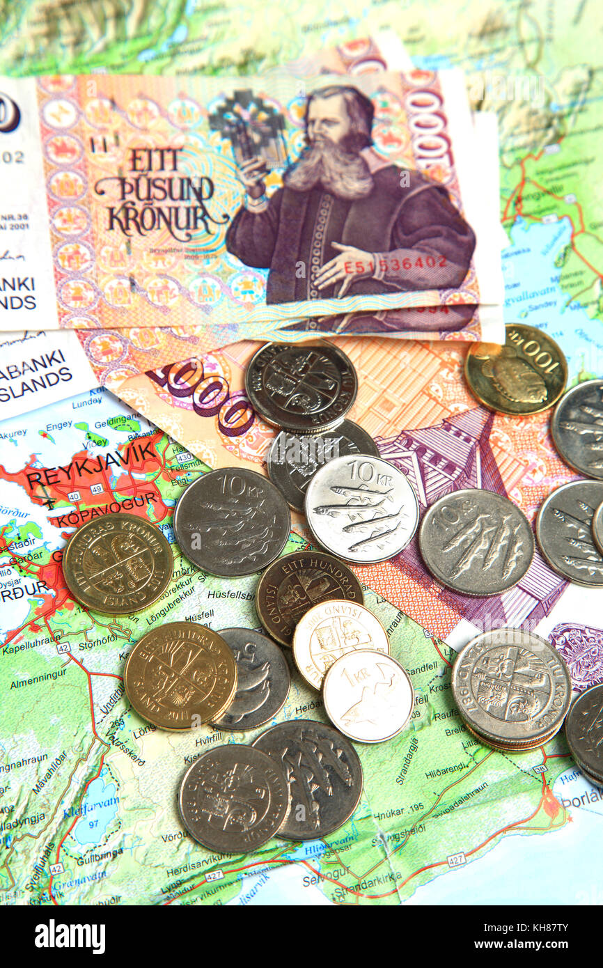 Icelandic currency and map Stock Photo - Alamy