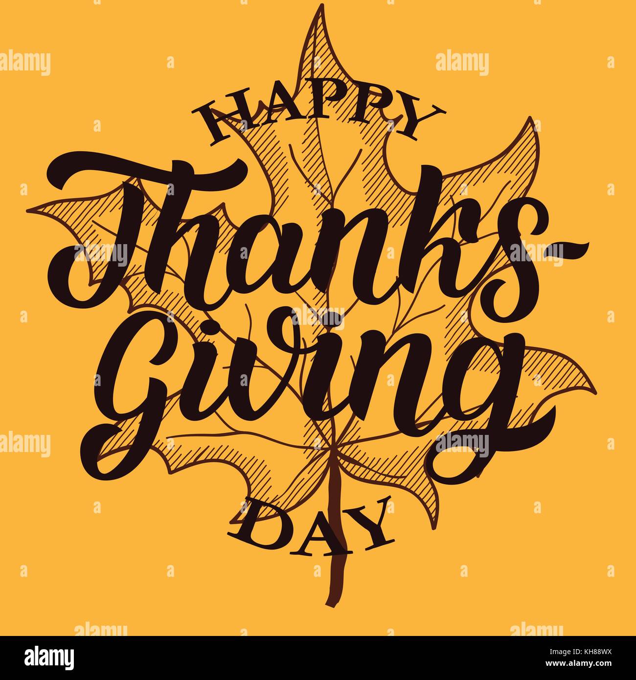 Happy thanksgiving day brush hand lettering with sketched maple leaves ...