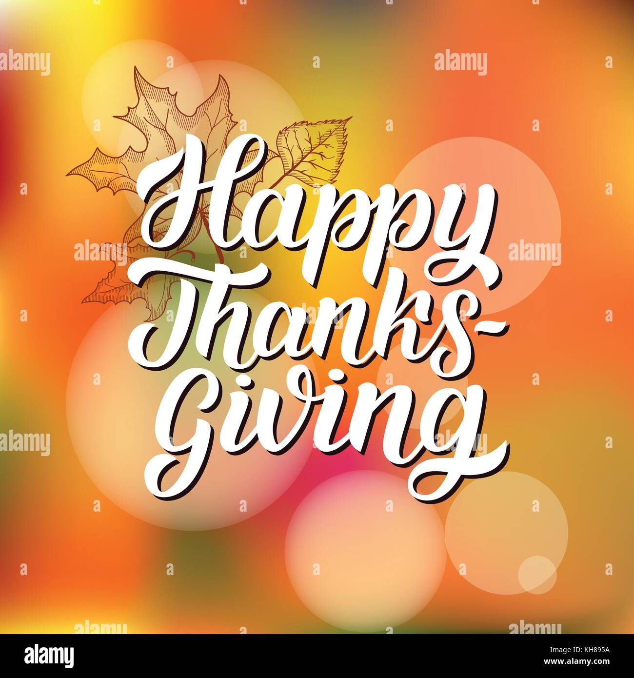 Happy thanksgiving brush hand lettering with sketched maple leaves, on ...