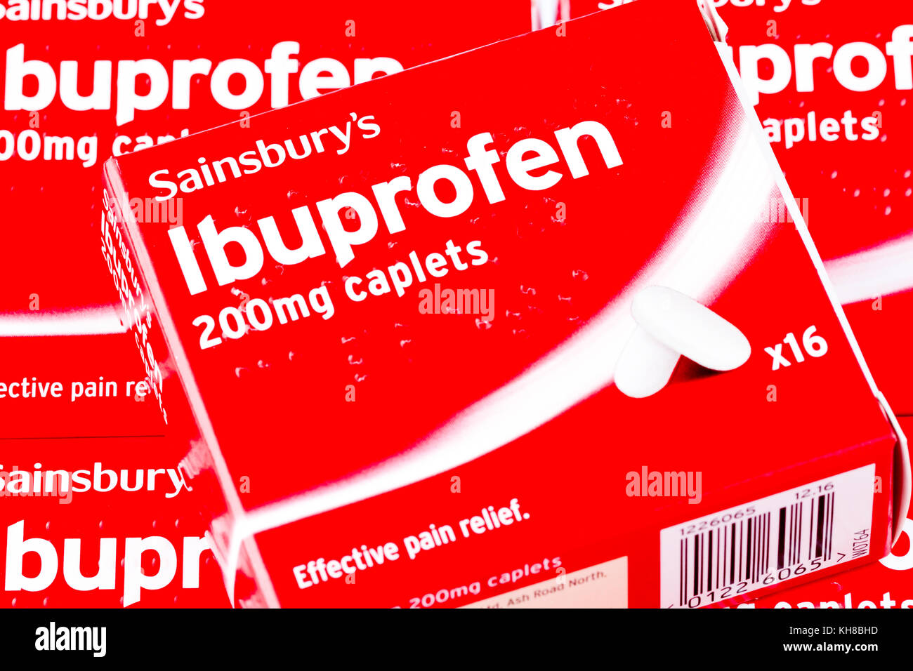 Boxes of supermarket own brand ibuprofen 200mg caplets used to relieve pain & inflammation, United Kingdom Stock Photo