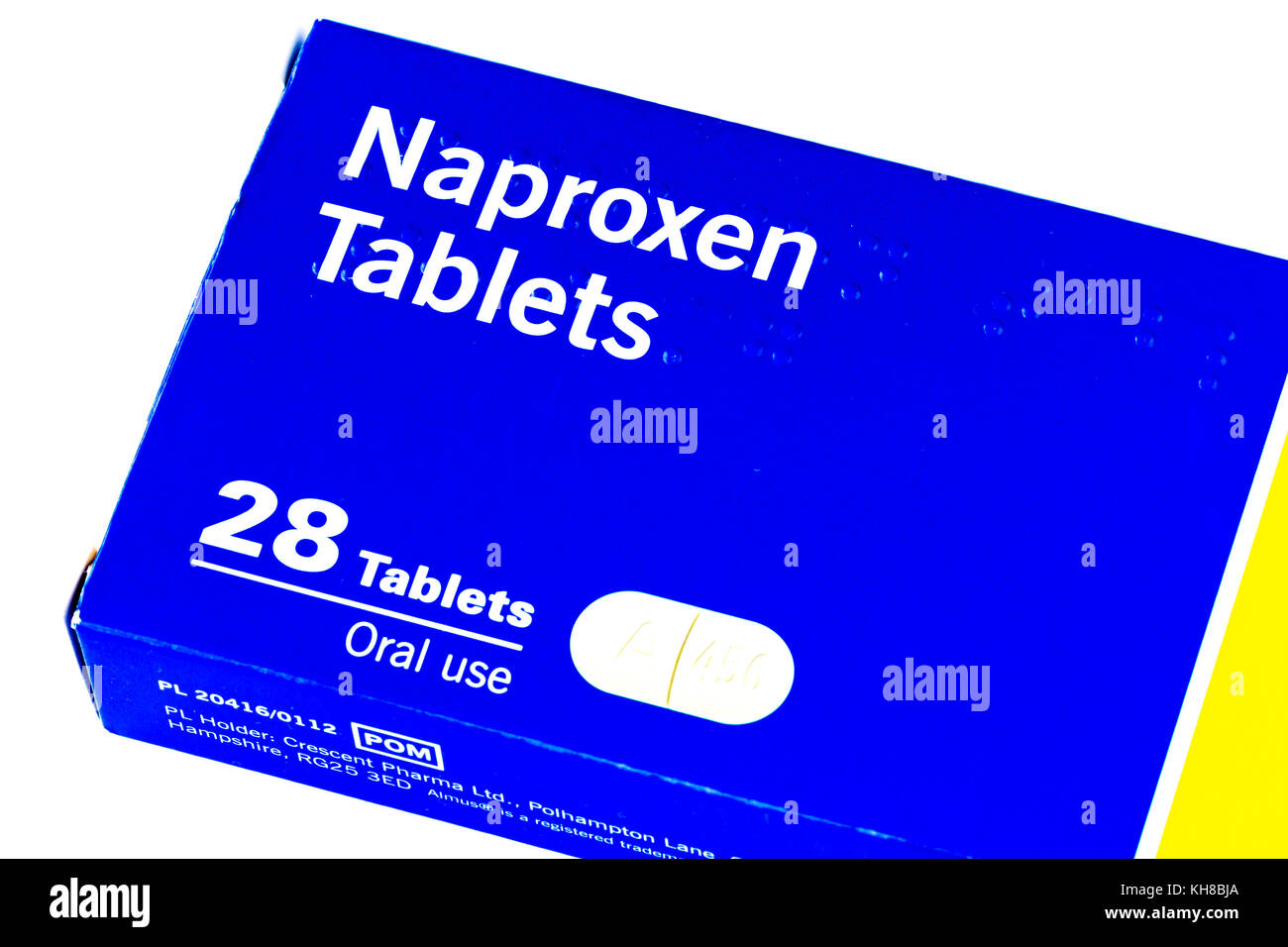 Photograph of Close up of a box of Naproxen tablets, an anti-inflammatory drug used to relieve pain & inflammation Stock Photo