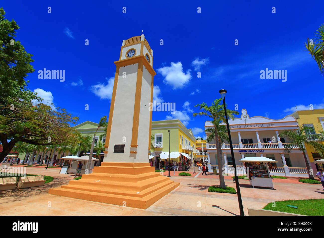 Mexico, Quintana Roo, Cozumel Island. The clock tower on Plaza Punta