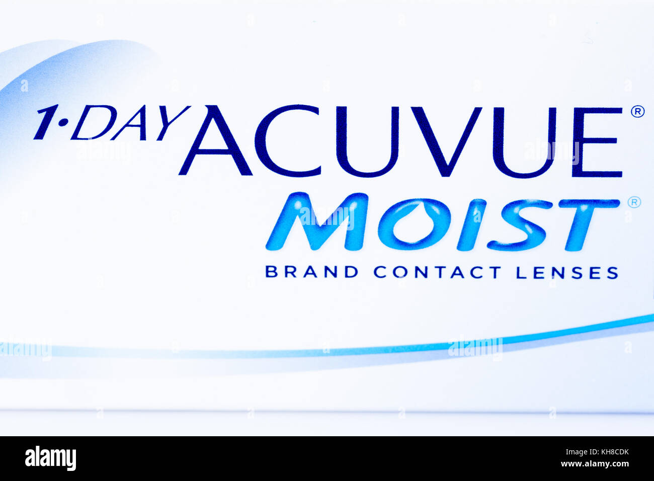 1-day acuvue moist brand contact lenses, close up of logo on box, United Kingdom Stock Photo