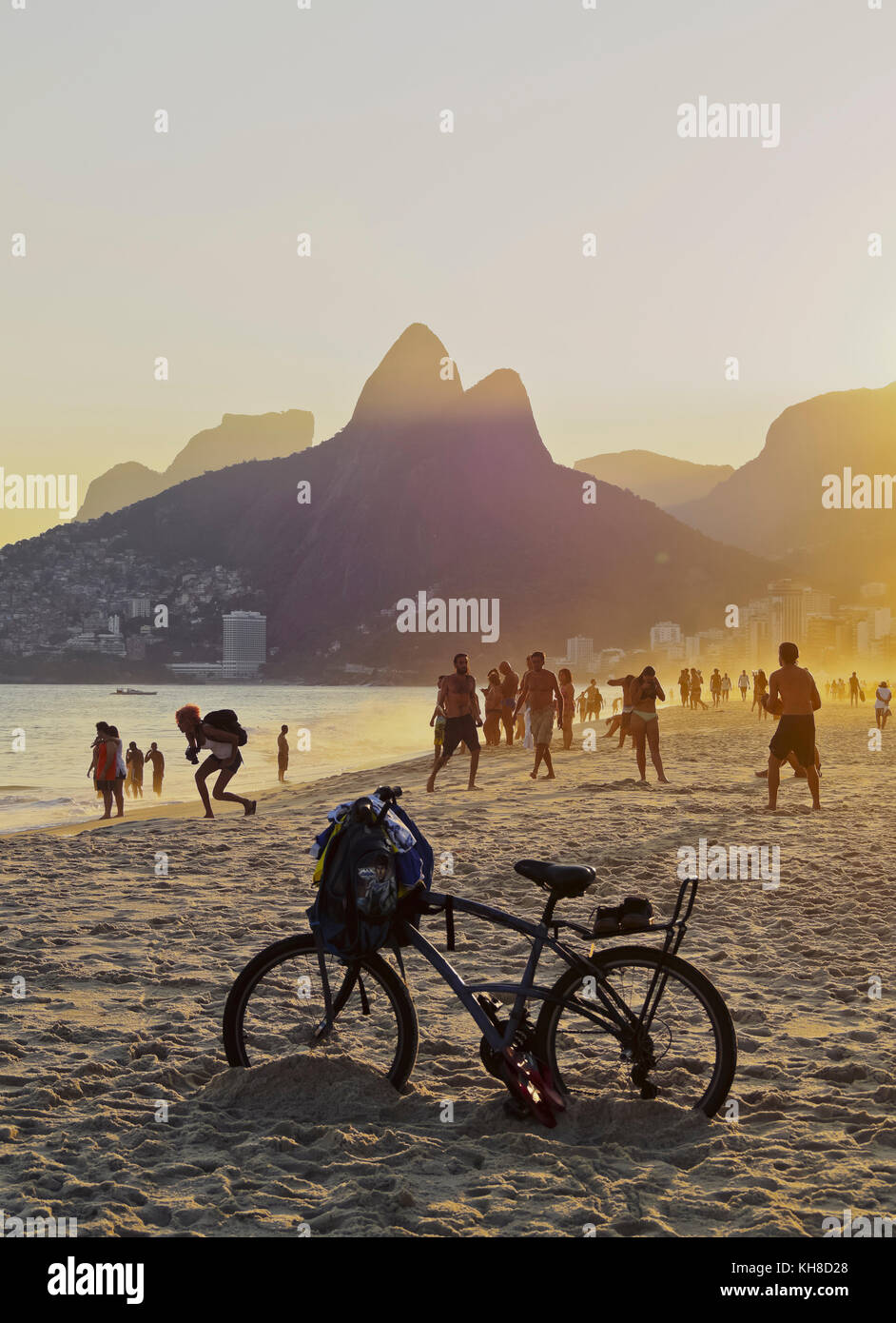Ipanema Beach and rocks Morro Dois Irmaos at sunset, Rio de Janeiro, Brazil Stock Photo