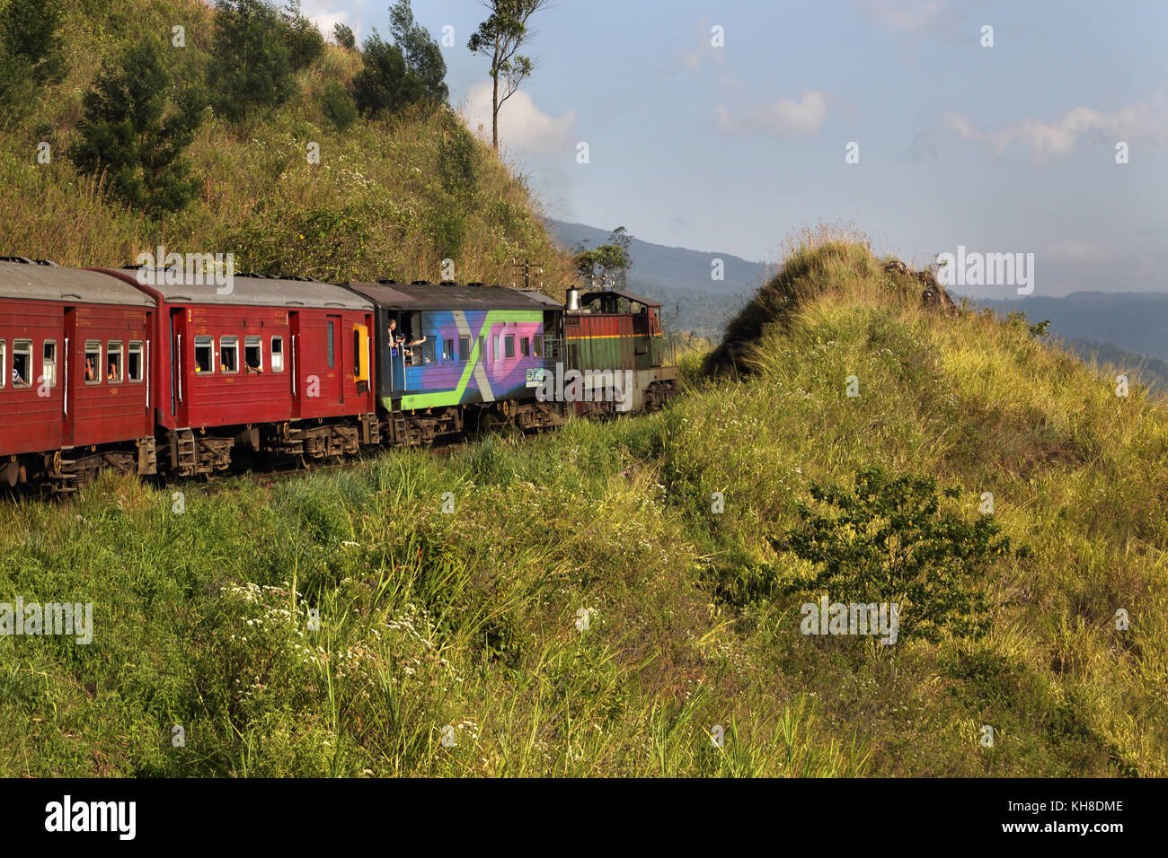 Train going through Hill Country Central Province Sri Lanka Stock Photo
