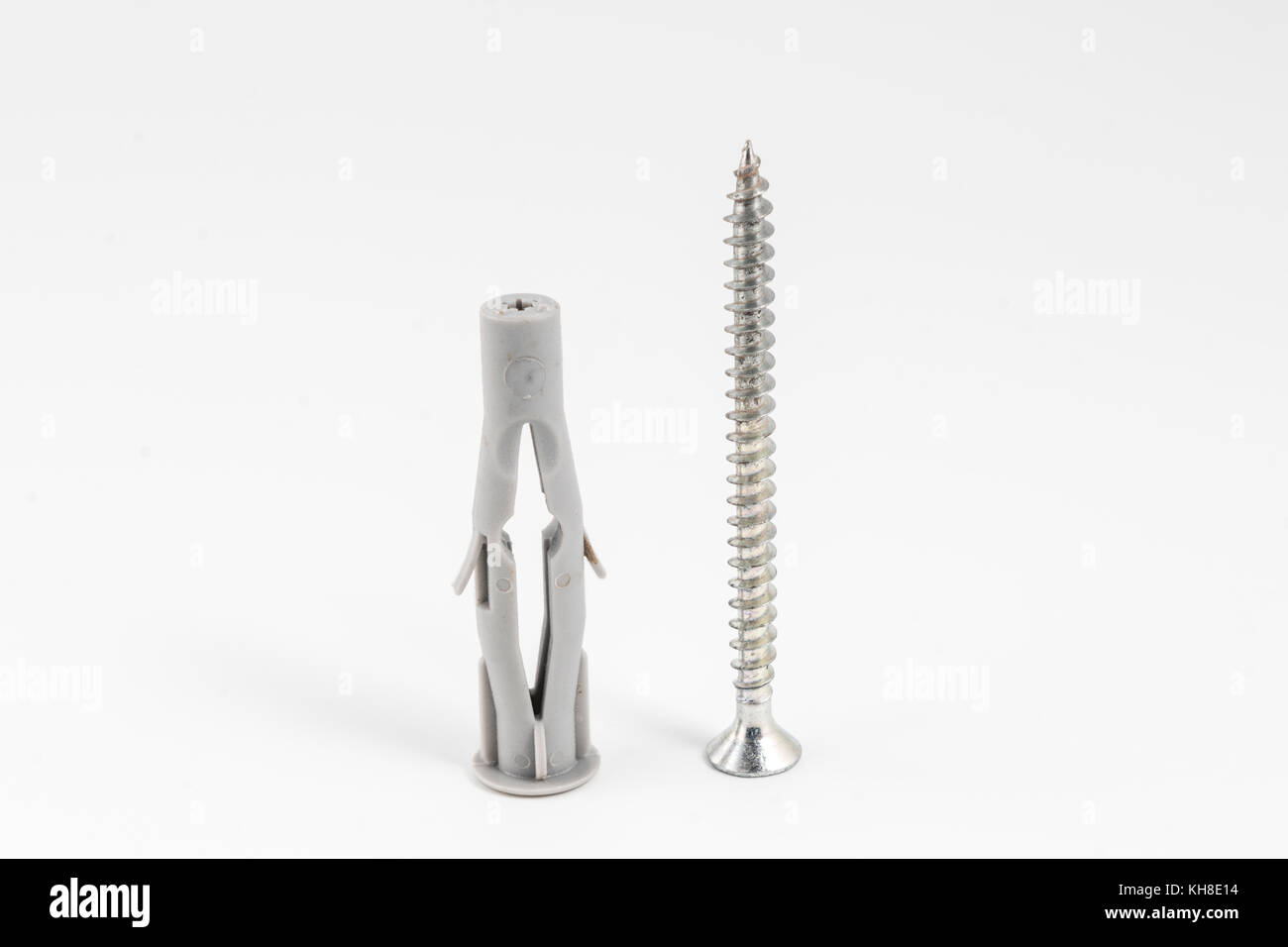A screw and a plastic plug on a white background Stock Photo
