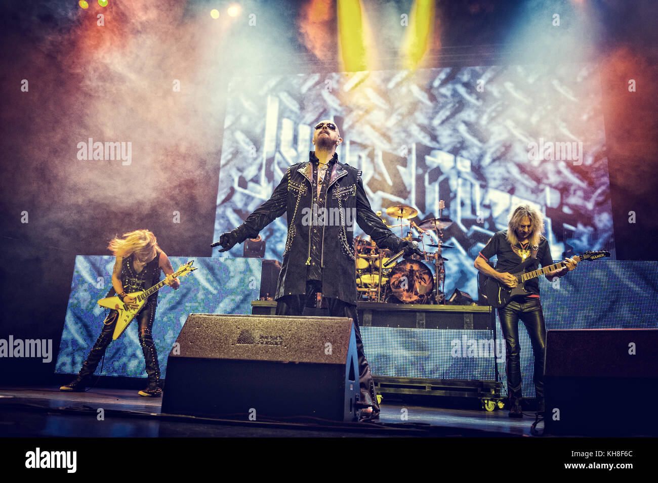 The English heavy metal band Judas Priest performs a live concert at Spektrum in Oslo. Here vocalist and songwriter Rob Halford (C) is pictured live on stage with the guitarists Richie Faulkner (L) and Glenn Tipton (R). Norway, 02/06 2015. Stock Photo
