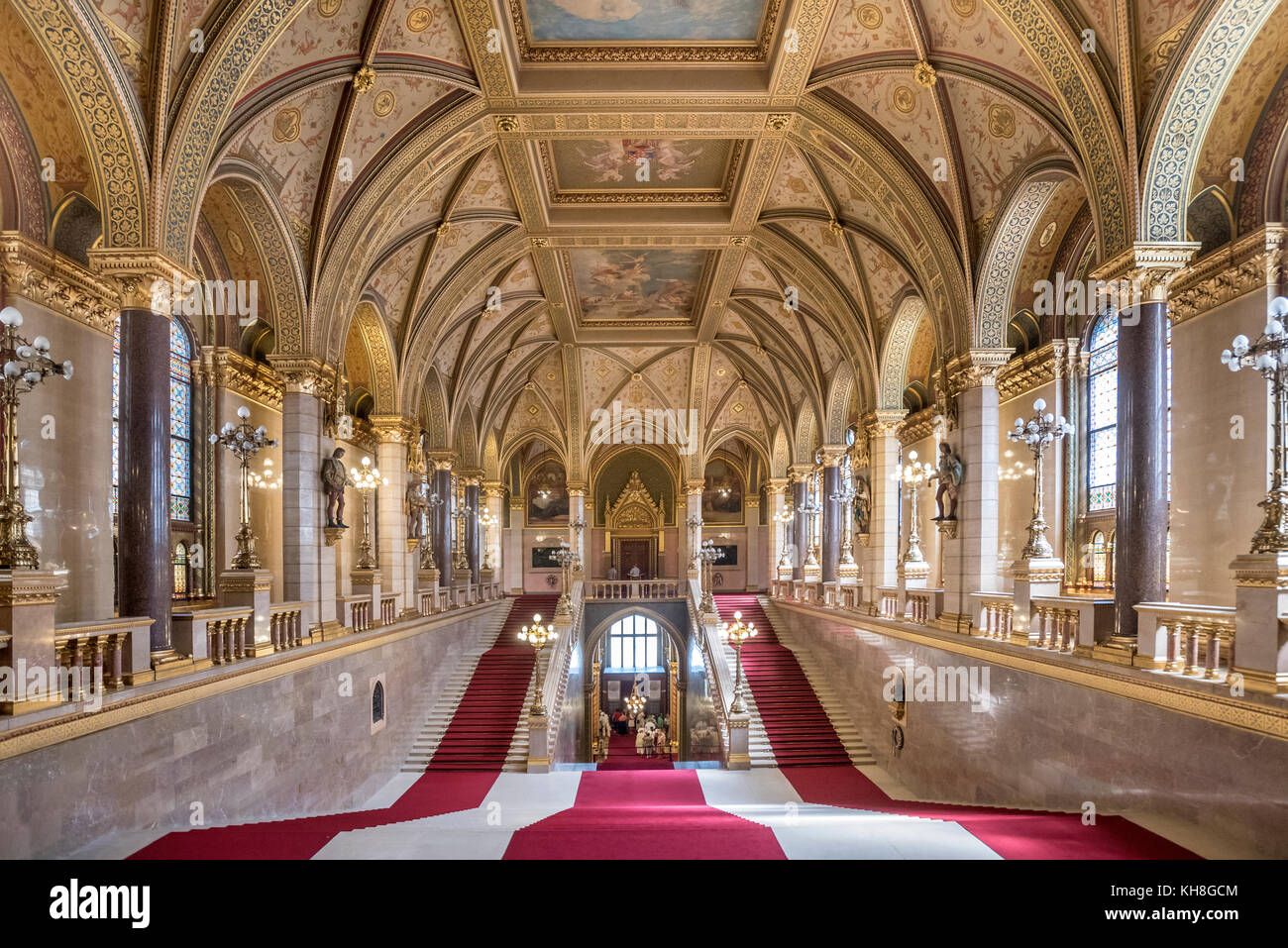 Main hall and grand stairs with red carpets inside the Parliament building of Budapest, Hungary Stock Photo
