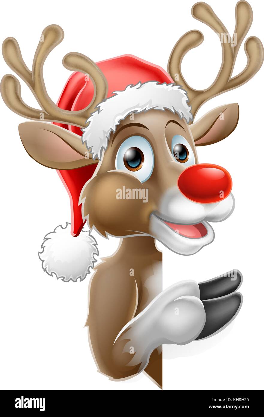 Reindeer in Santa Hat Pointing from Behind Sign Stock Vector