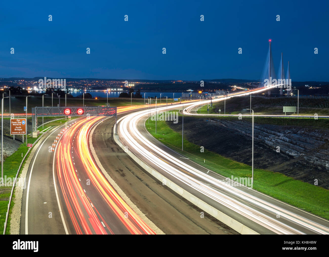 Night view of traffic on approach roads to new Queensferry Crossing Bridge in West Lothian , Scotland, united Kingdom Stock Photo