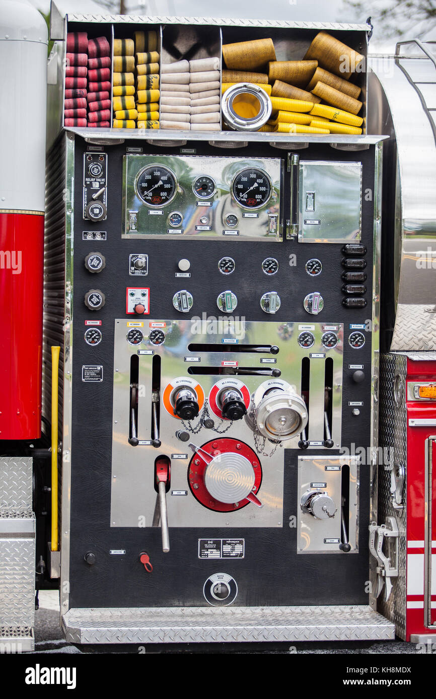 Fire truck equipment and valves Stock Photo Alamy
