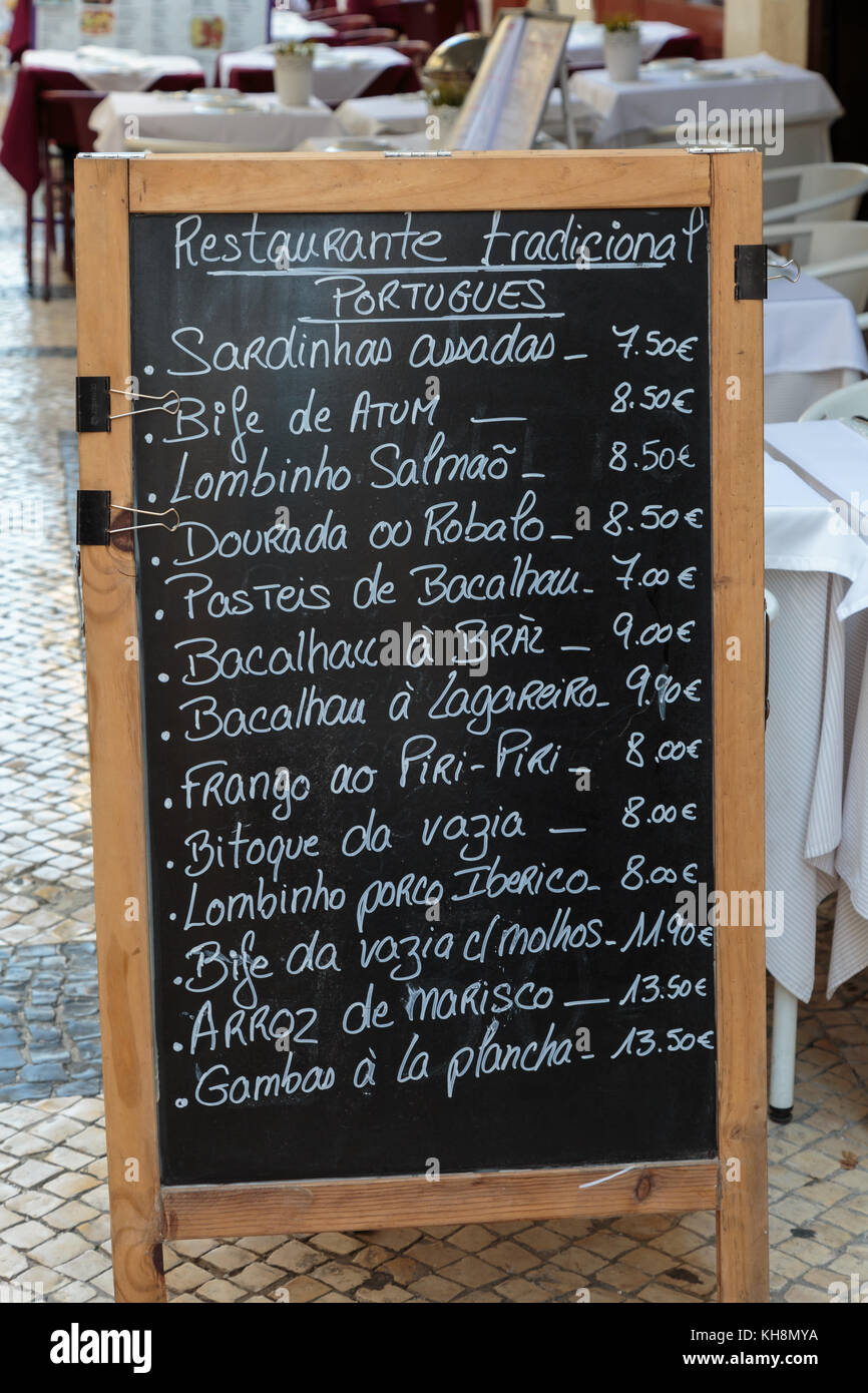 Traditional Portuguese Menu on Chalkboard outside Lisbon Restaurant