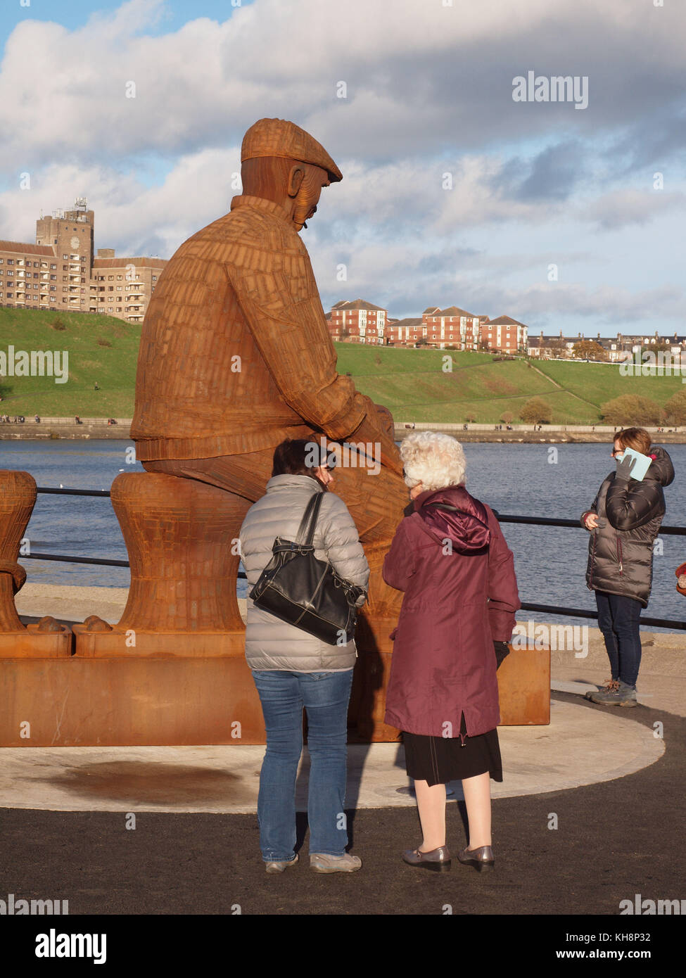 This symbolic statue represents the lost lives of fishermen from North Shields fishing port in North East England. Stock Photo