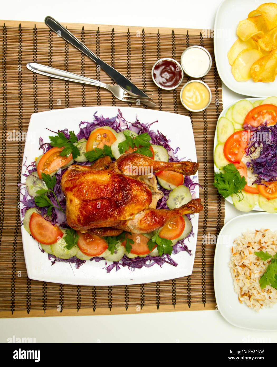Charcoal baked chicken and side dishes Stock Photo Alamy