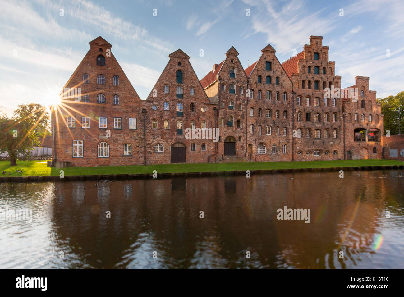 Salzspeicher / salt storehouses along the Upper Trave River in the Hanseatic town Lübeck / Luebeck, Schleswig-Holstein, Germany Stock Photo
