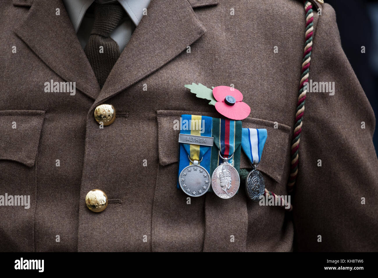 Medals worn on army uniform at Remembrance parade Stock Photo