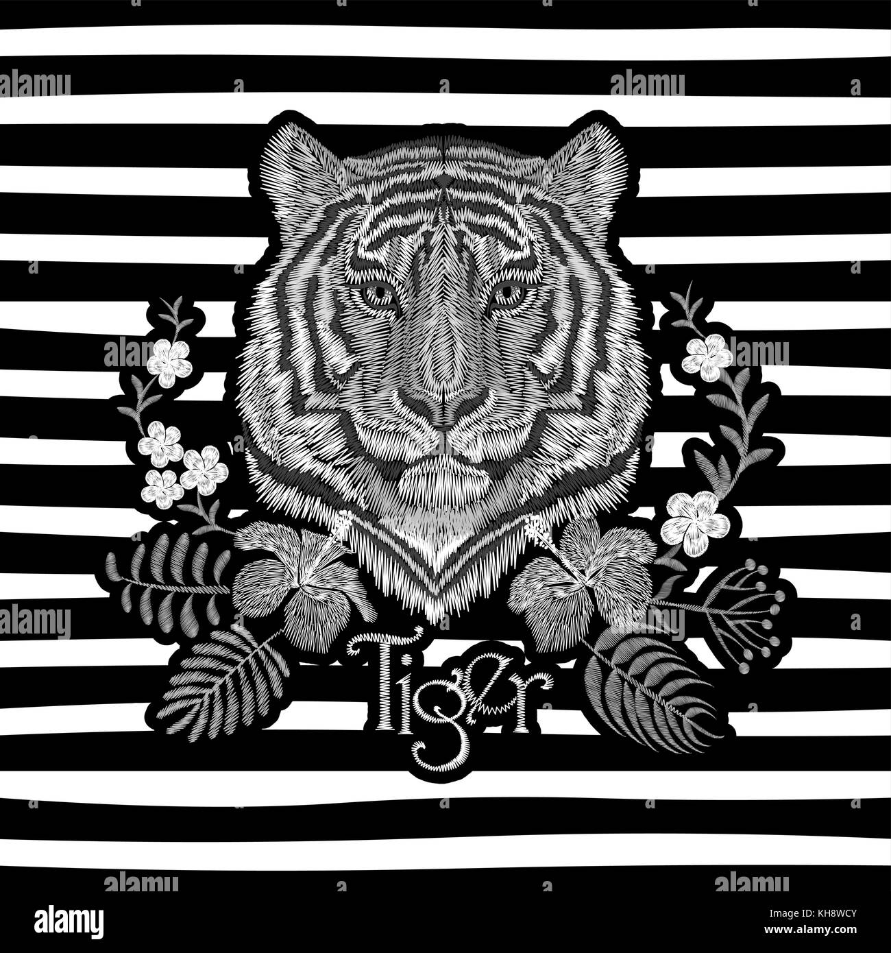 White embroidery realistic texture tiger face patch. Fashion floral print textile decoration design with inscription vector illustration striped background Stock Vector