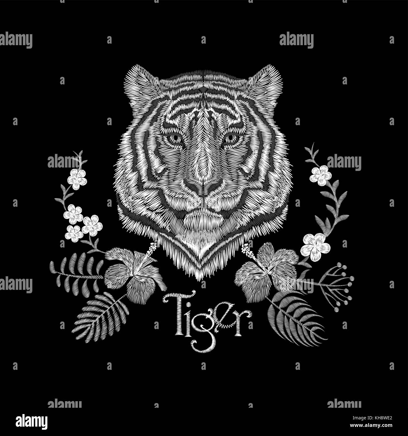 White embroidery realistic texture tiger face patch. Fashion floral print textile decoration design with inscription vector illustration Stock Vector