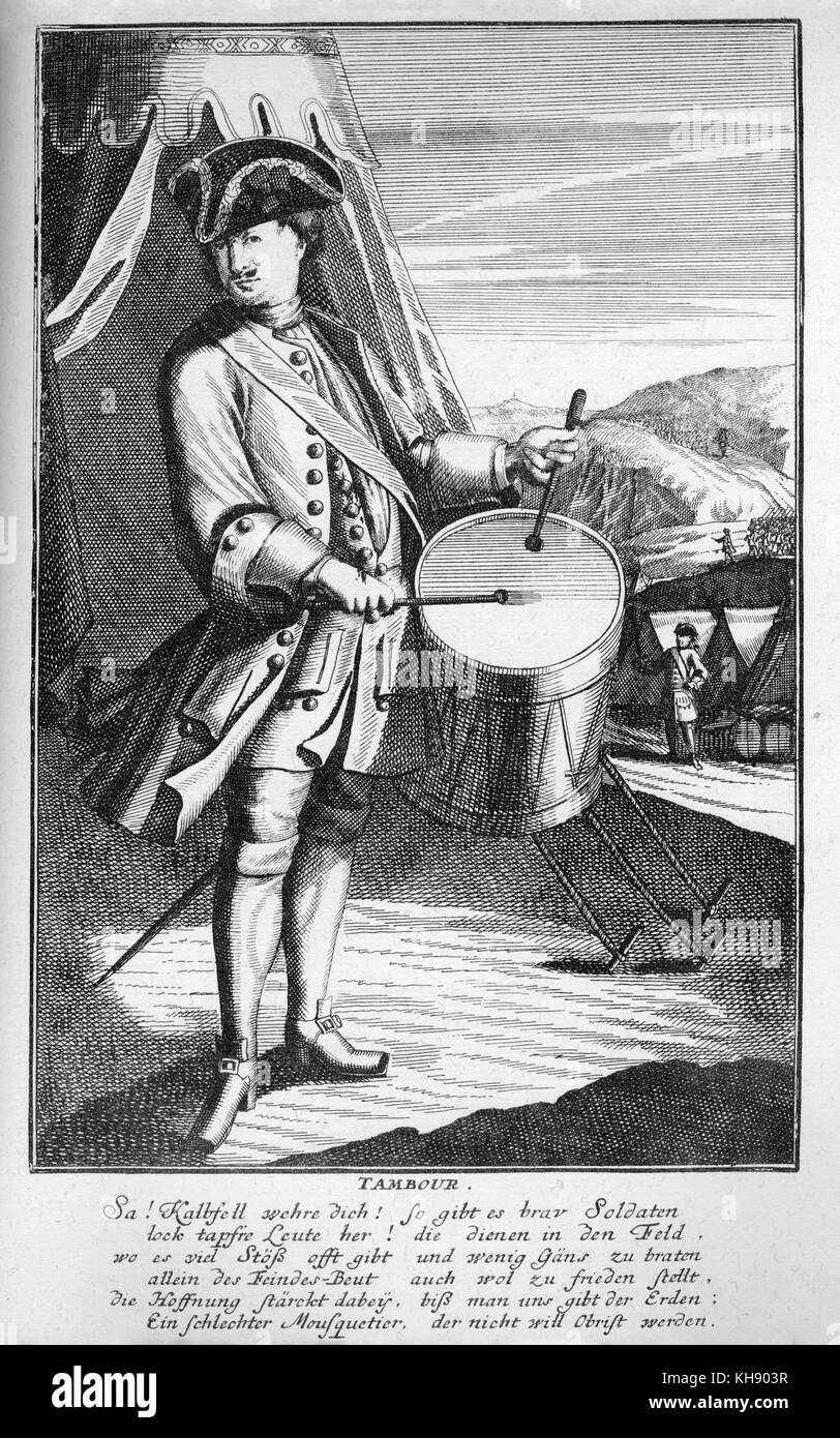 Man playing a military drum (German: Tambour), 17th century.Engraving by J C Weigel (1661-1726) from 'Musicalisches Theatrum'. Stock Photo