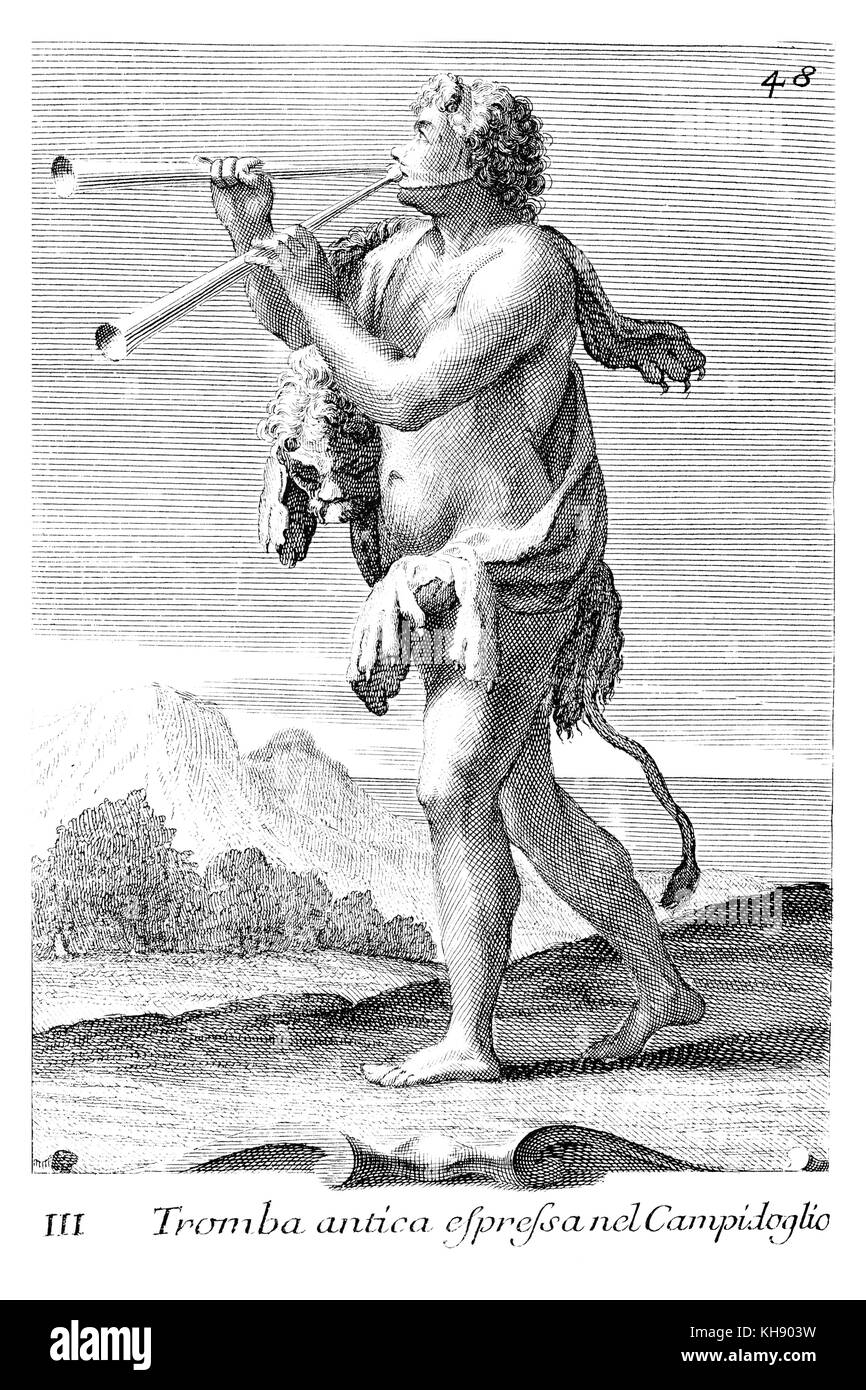 Double Aulos, musical instrument from the Antiquity. Illustration from Filippo Bonanni's  ' Gabinetto Armonico'  published in 1723, Illustration 3.  Engraving by Arnold van Westerhout.  Caption reads Tromba antica  espressa nei Campidoglio Stock Photo