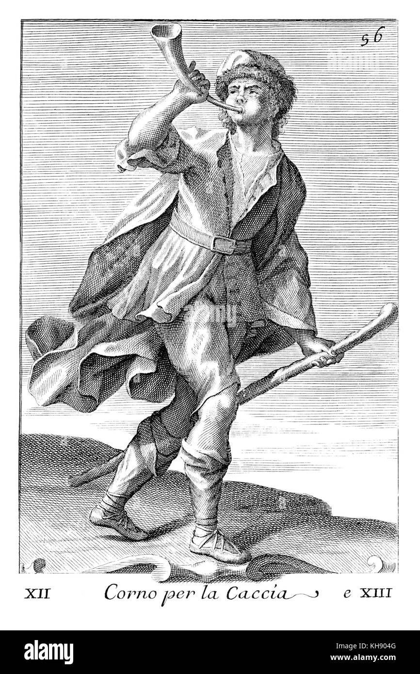 Man with a hunting horn. Illustration from Filippo Bonanni's  'Gabinetto Armonico'  published in 1723, Illustration 12.  Engraving by Arnold van Westerhout.  Caption reads Corno per la Caccia. Stock Photo
