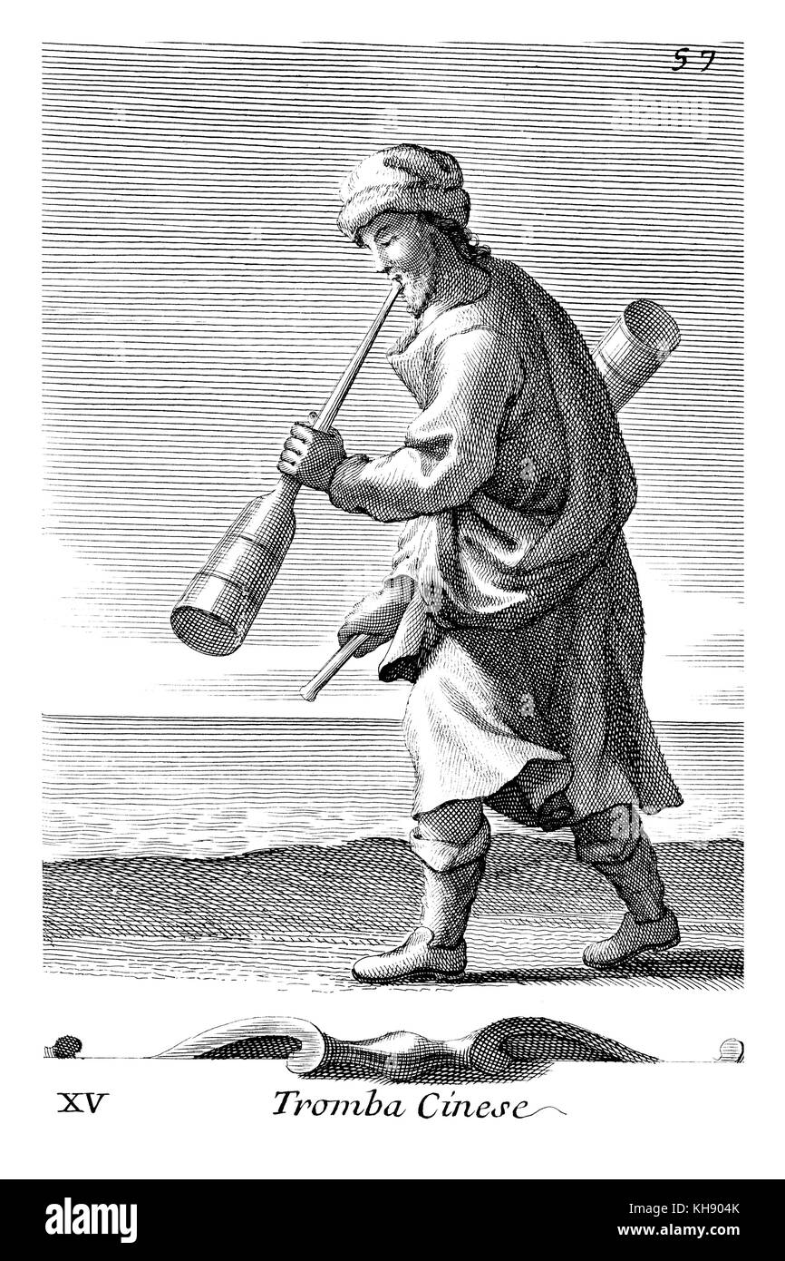 Man playing a Chinese Trumpet. Illustration from Filippo Bonanni's  'Gabinetto Armonico'  published in 1723, Illustration 15.  Engraving by Arnold van Westerhout.  Caption reads Tromba Cinese. Stock Photo
