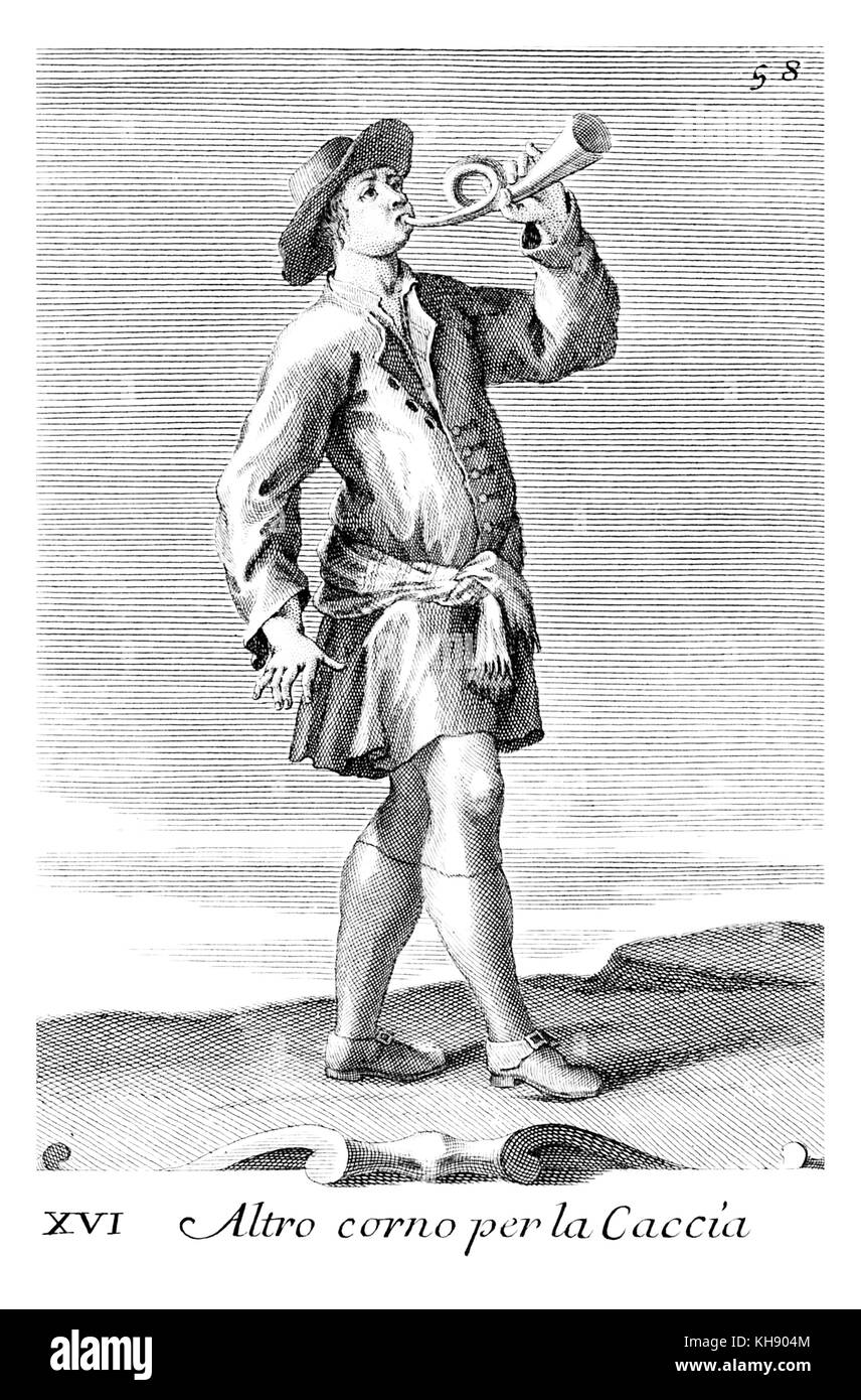 Man with a bugle horn -  used by couriers and huntsmen. Illustration from Filippo Bonanni's  'Gabinetto Armonico'  published in 1723, Illustration 16.  Engraving by Arnold van Westerhout.  Caption reads Altro corno per la Caccia Stock Photo