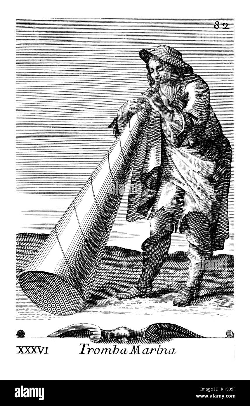 Megaphone used at sea for the transmission of orders and messages. Caption reads Tromba marina (but has no connection with the string instrument called tromba marina) Illustration from Filippo Bonanni's  'Gabinetto Armonico'  published in 1723, Illustration 36. Engraving by Arnold van Westerhout. Stock Photo